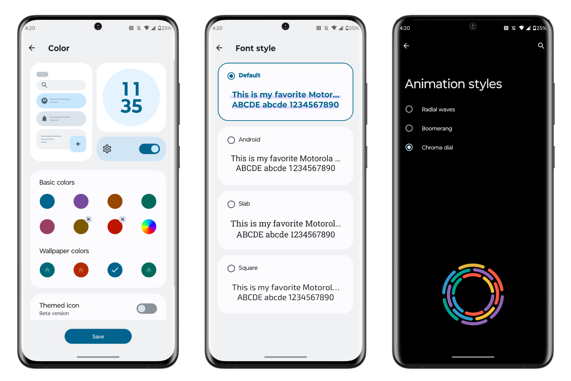Capturas de tela das opções de personalização no Motorola Edge Plus (2023).