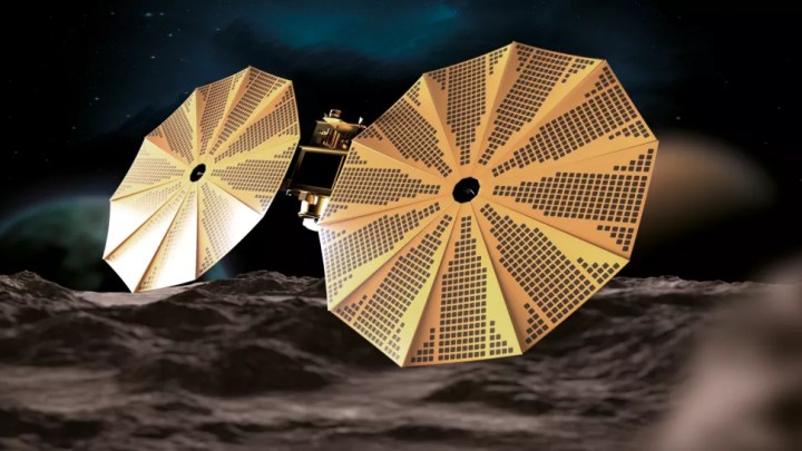 Impresión artística de la nave espacial MBR Explorer acercándose a un asteroide.