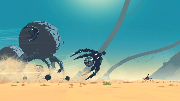 Robots fly across a desert in Planet of Lana.