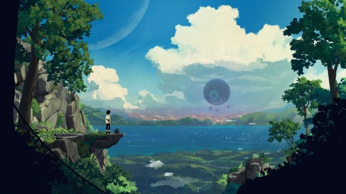 Lana and Mui stand on a cliff in Planet of Lana.