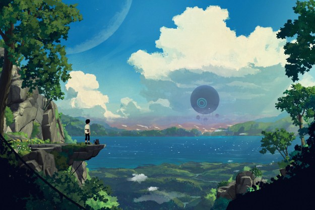 Lana and Mui stand on a cliff in Planet of Lana.