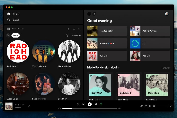The Home section of Spotify's desktop app for Mac.