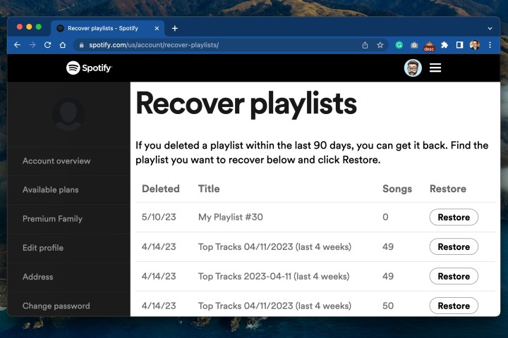 Spotify's Recover playlist page. 