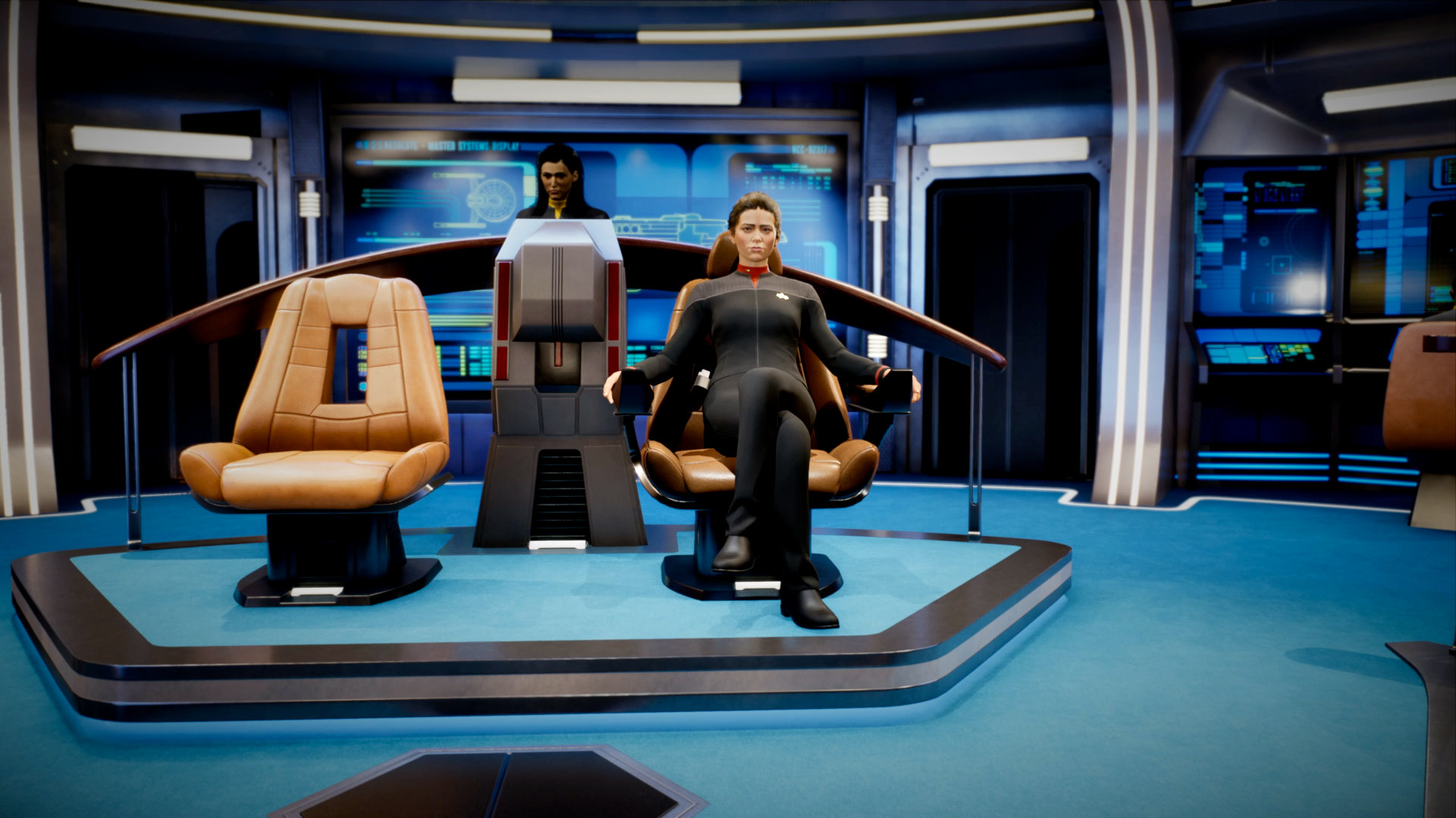 O capitão do USS Resolute está sentado em uma cadeira em Star Trek Resurgence. 