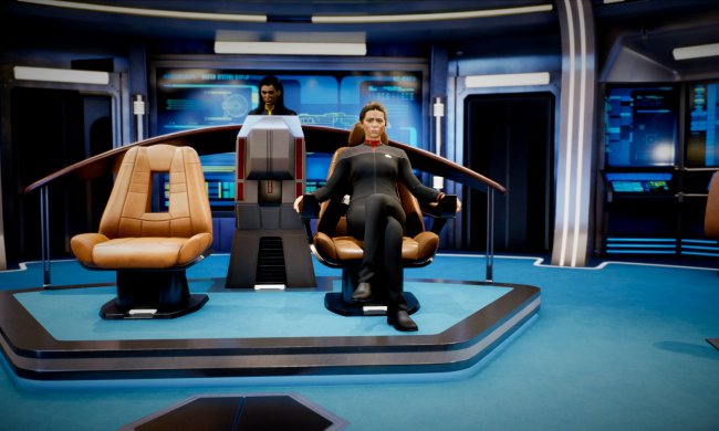 The captain of the USS Resolute sits in a chair in Star Trek Resurgence.