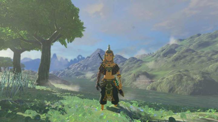Link wears a full set of charged armor in The Legend of Zelda: Tears of the Kingdom.