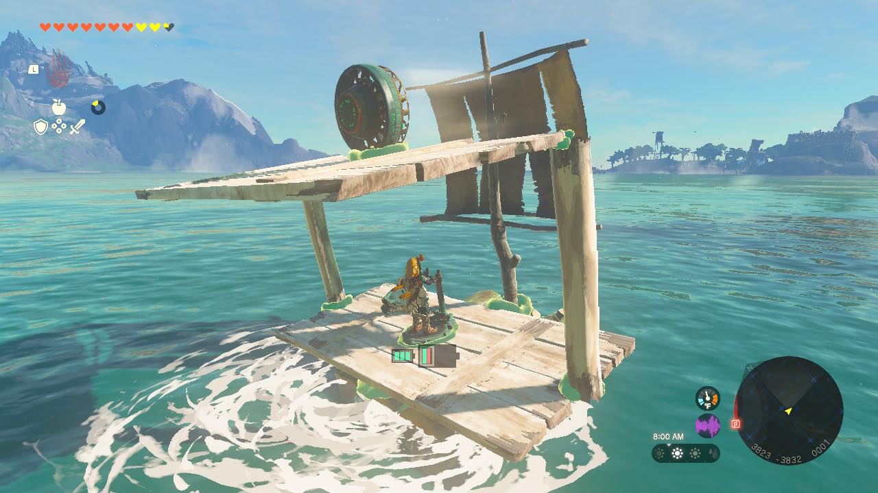 Link conduce un barco en The Legend of Zelda: Tears of the Kingdom.