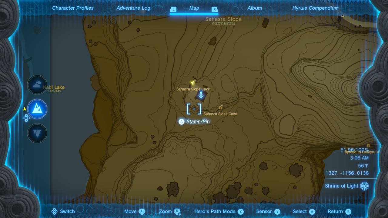 A map showing the location of the Sahasra Slope Tower in The Legend of Zelda: Tears of the Kingdom.