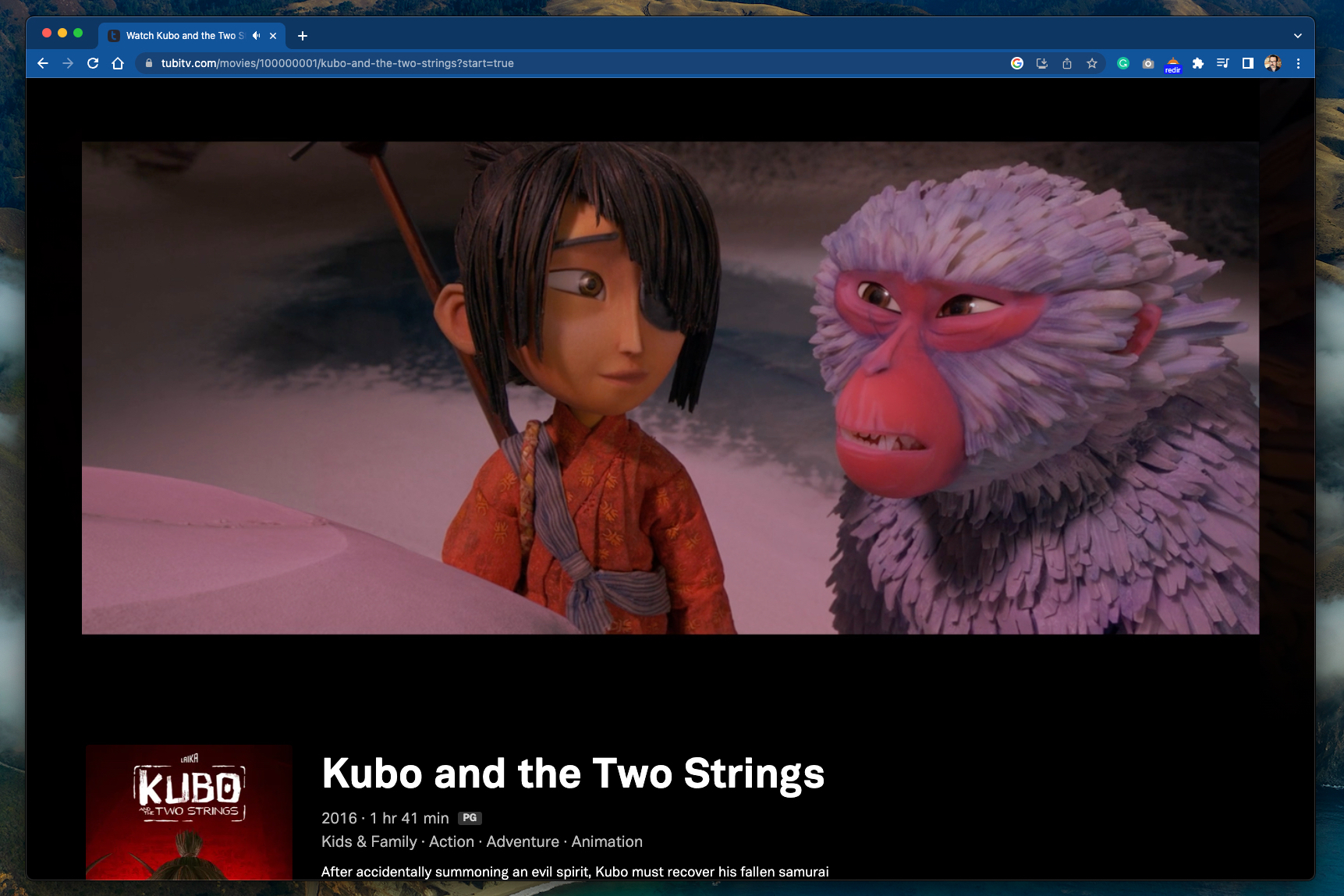 Tela Tubi mostrando o filme de animação Kubo e as Cordas.
