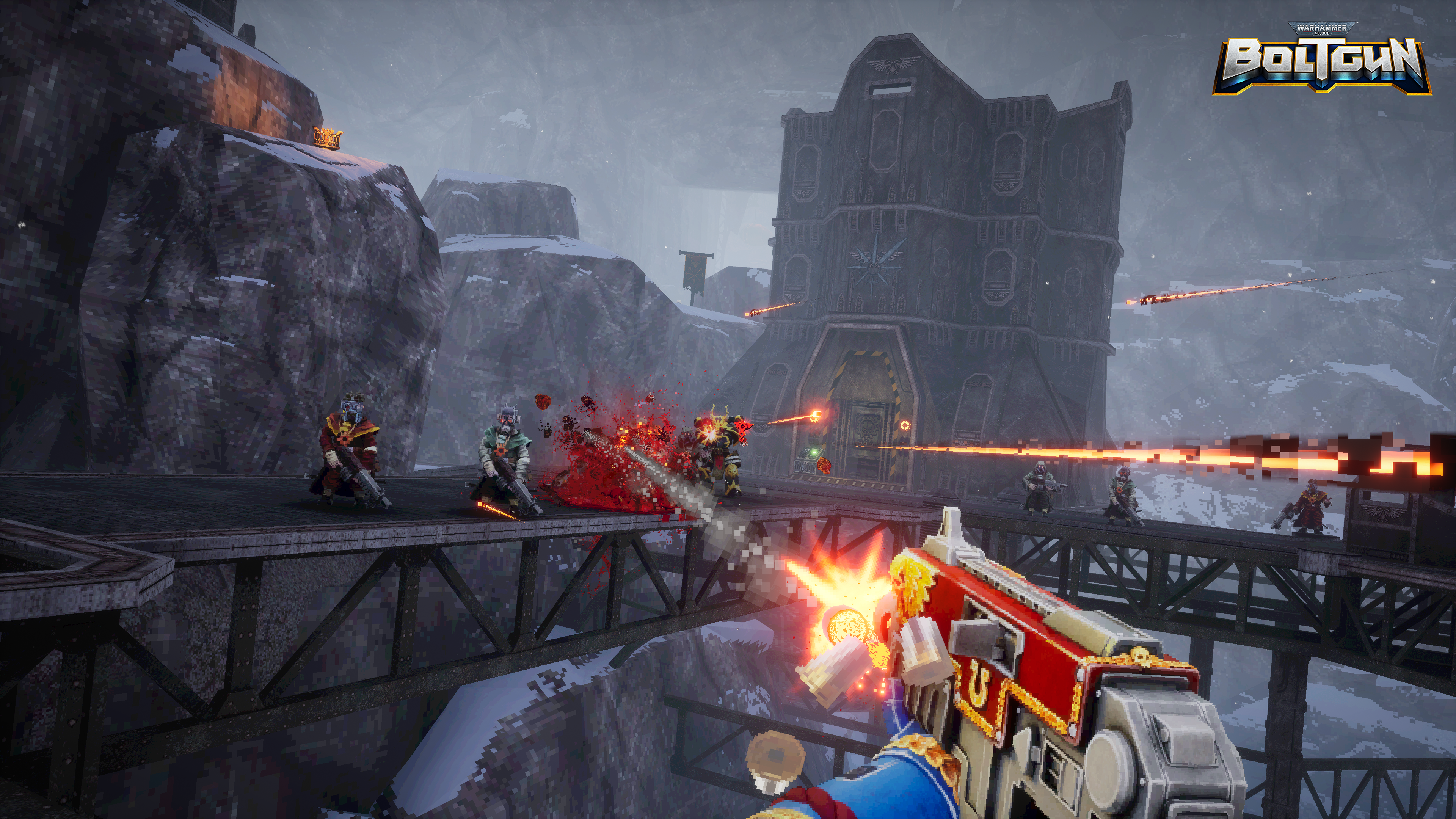 Uma metralhadora atira em cultistas em Warhammer 40.000: Boltgun.