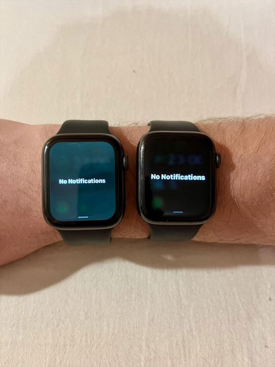 An Apple Watch with a gray/green hue on its display.