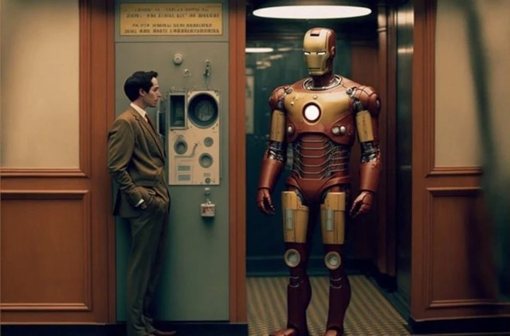 Tony looks at Iron Man's suit in Wes Anderson's '80s Avengers.