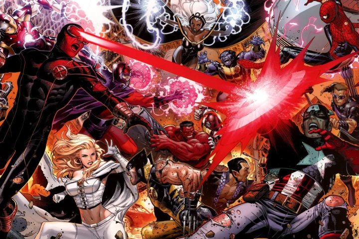 The X-Men battle the Avengers in a Marvel comic book.
