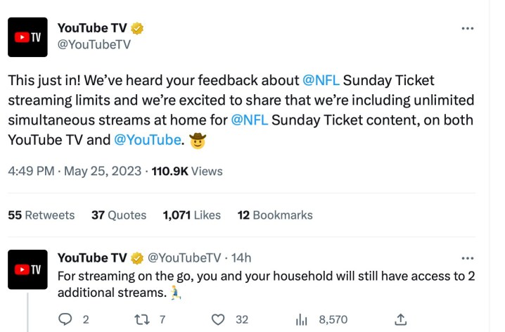 Твиты, показывающие, что воскресный билет NFL будет неограниченным, пока вы находитесь в своей домашней сети.