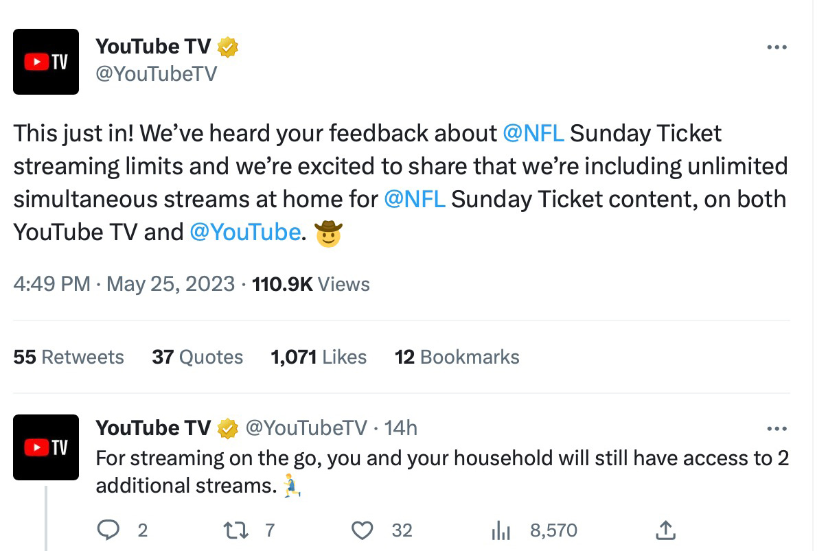 Tweets mostrando que o NFL Sunday Ticket será ilimitado, desde que você esteja em sua rede doméstica.