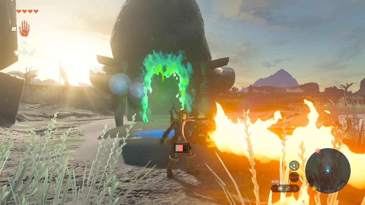 Link dispara uma chama de seu escudo em The Legend of Zelda: Tears of the Kingdom.