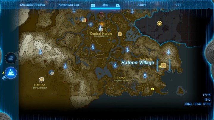 Hateno Village location on the map.