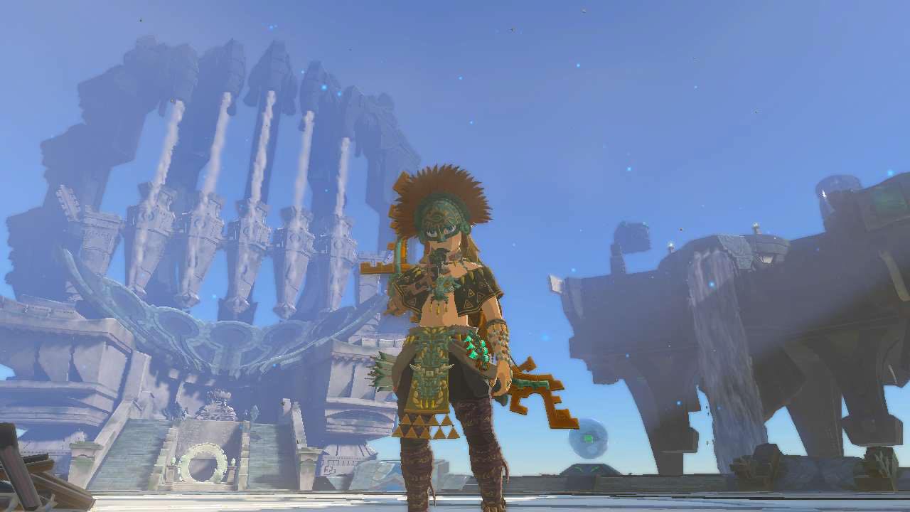 Link stands in front of a large stone structure in The Legend of Zelda: Tears of the Kingdom.