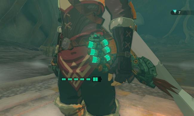 Zonai batteries glow on Link's belt in The Legend of Zelda: Tears of the Kingdom.