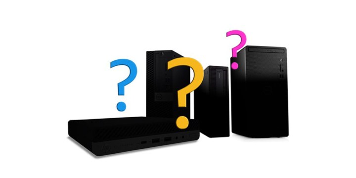 A selection of desktop PCs shaded so they don't reveal their logo, and with question marks around them.
