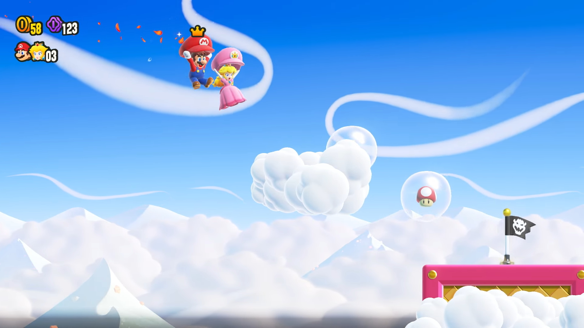Mario and Peach floating using their hats.