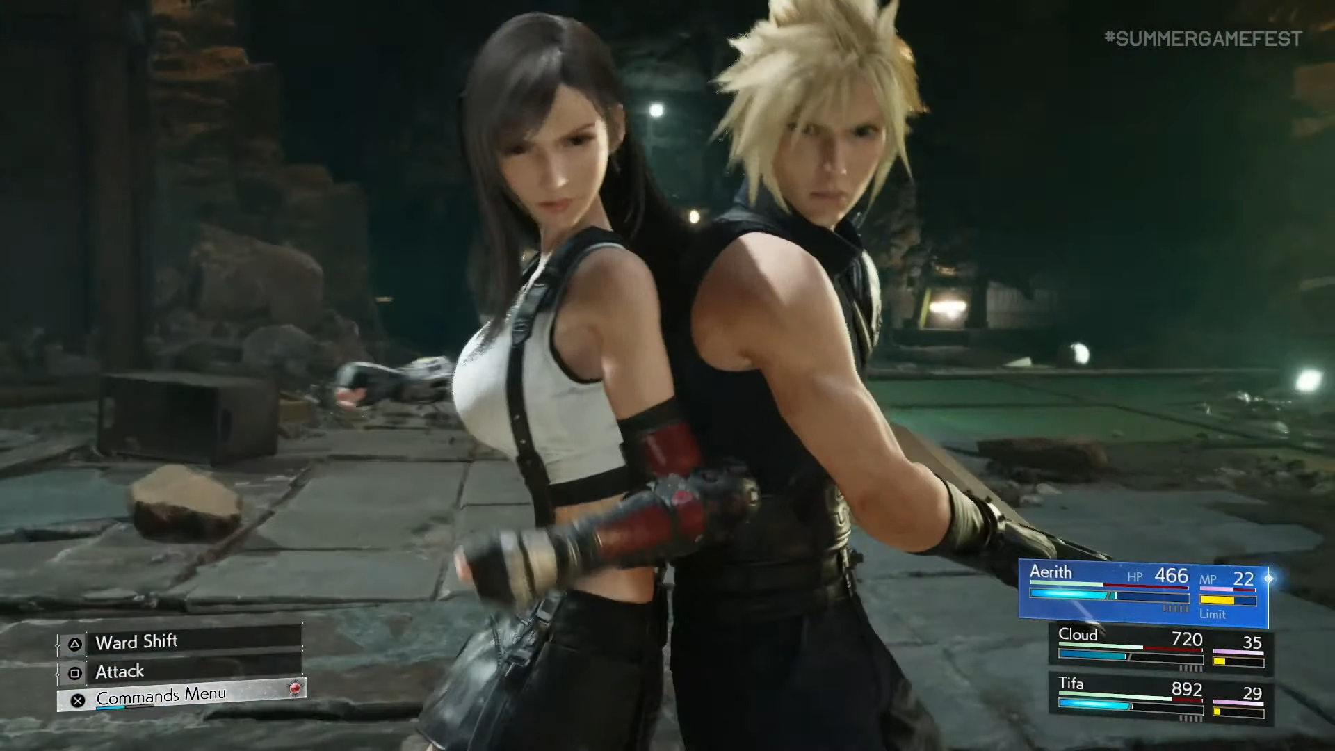 Cloud and Tifa stand back-to-back in a fight.
