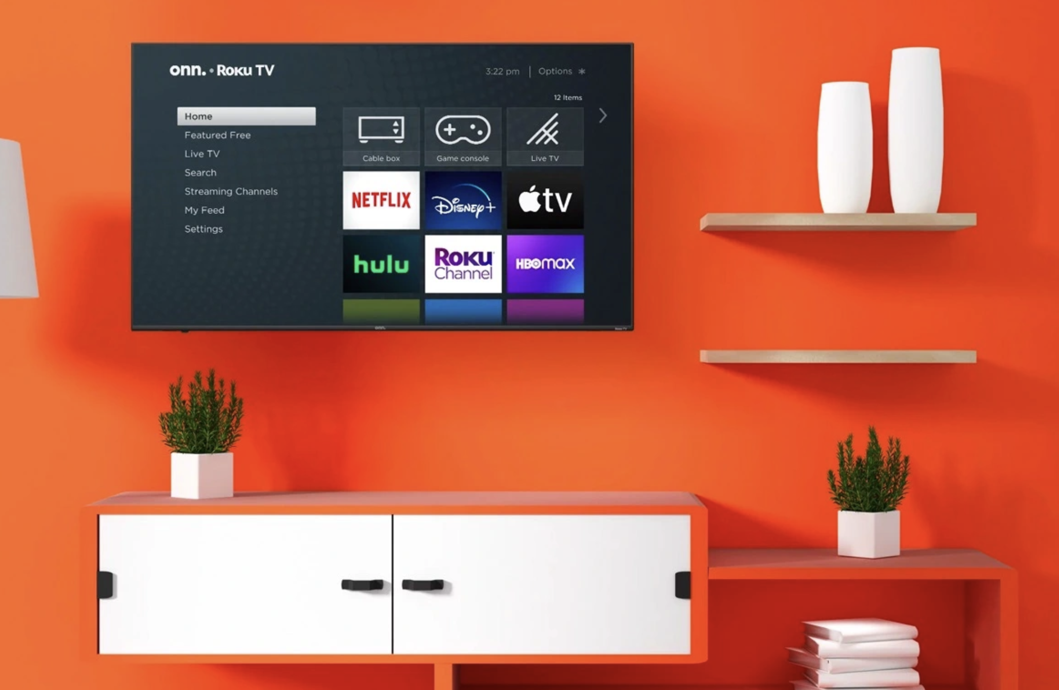 The onn. 70-inch 4K Roku TV hangs on the wall as part of a home theater arrangement.