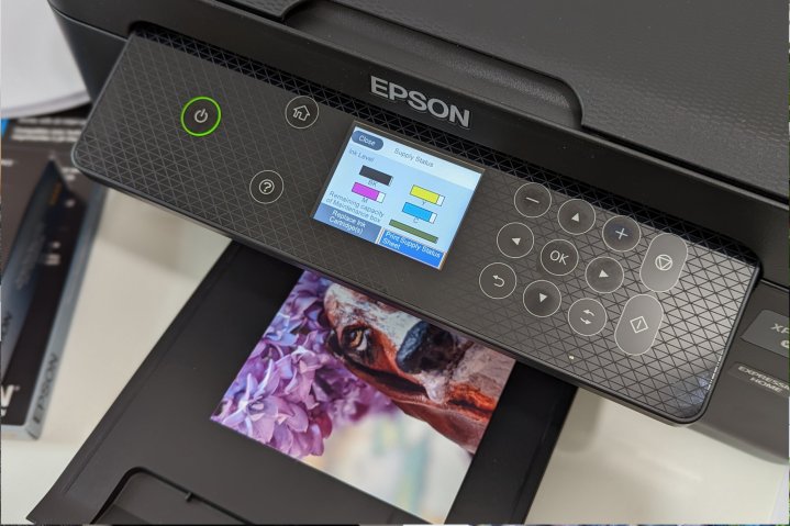 Uma impressão 4x6 está em andamento no Epson Expression Home XP-4200 com níveis de tinta no visor.
