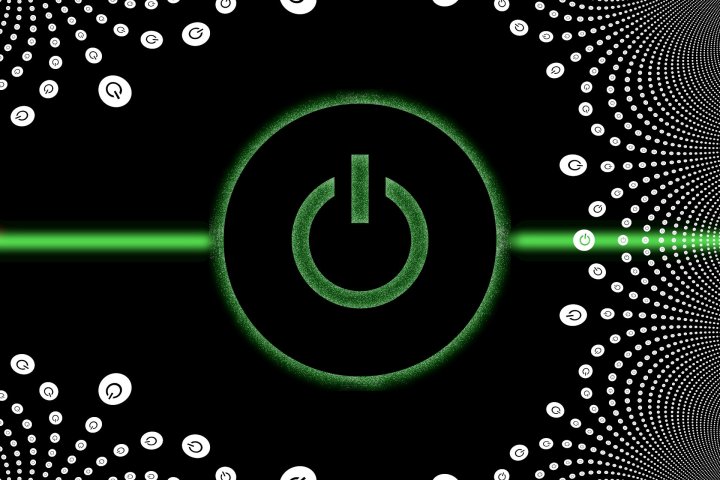 A graphic representation of a power button in green and white appears over a green glowing line running horizontally.