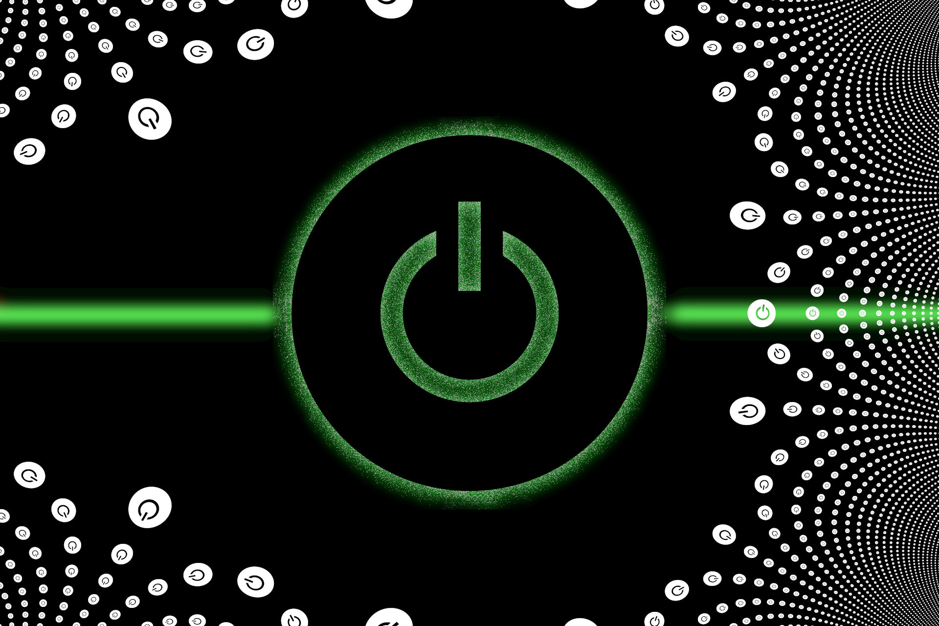 Uma representação gráfica de um botão liga/desliga em verde e branco aparece sobre uma linha verde brilhante que corre horizontalmente.