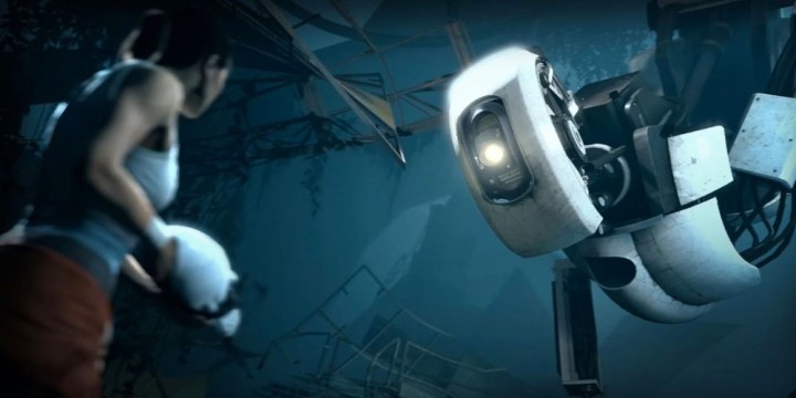 Glados and chell staring each other down.