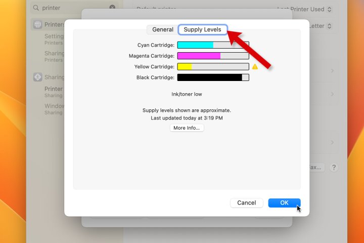 تصویری از تنظیمات Mac که پنجره منابع جوهر چاپگر را نشان می دهد.