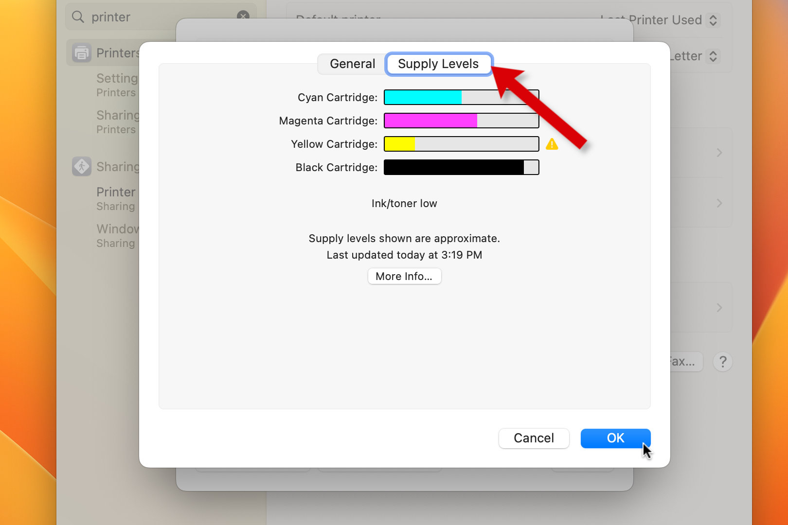 Uma captura de tela das configurações do Mac, mostrando a janela de suprimentos de tinta de uma impressora.