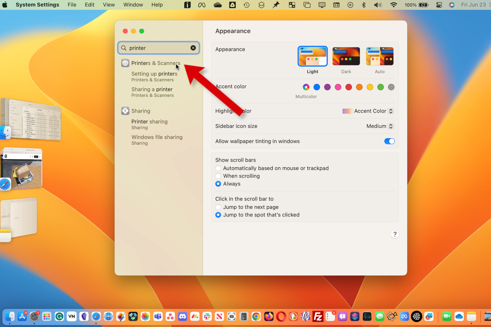 A screenshot of Mac Settings, showing how to get to Printer options.