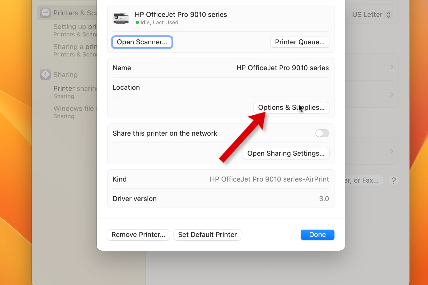 A screenshot of Mac Settings, showing how to see a printer's ink supplies.