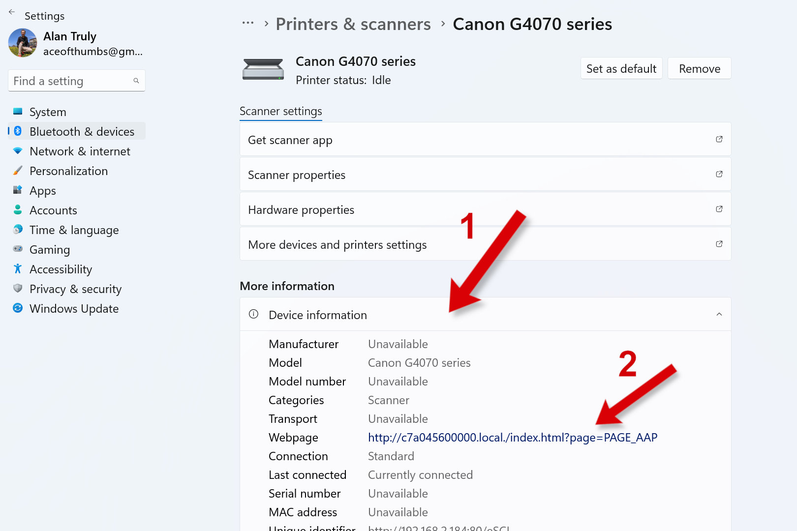 A screenshot of Windows Settings, showing how to see a printer's webpage.