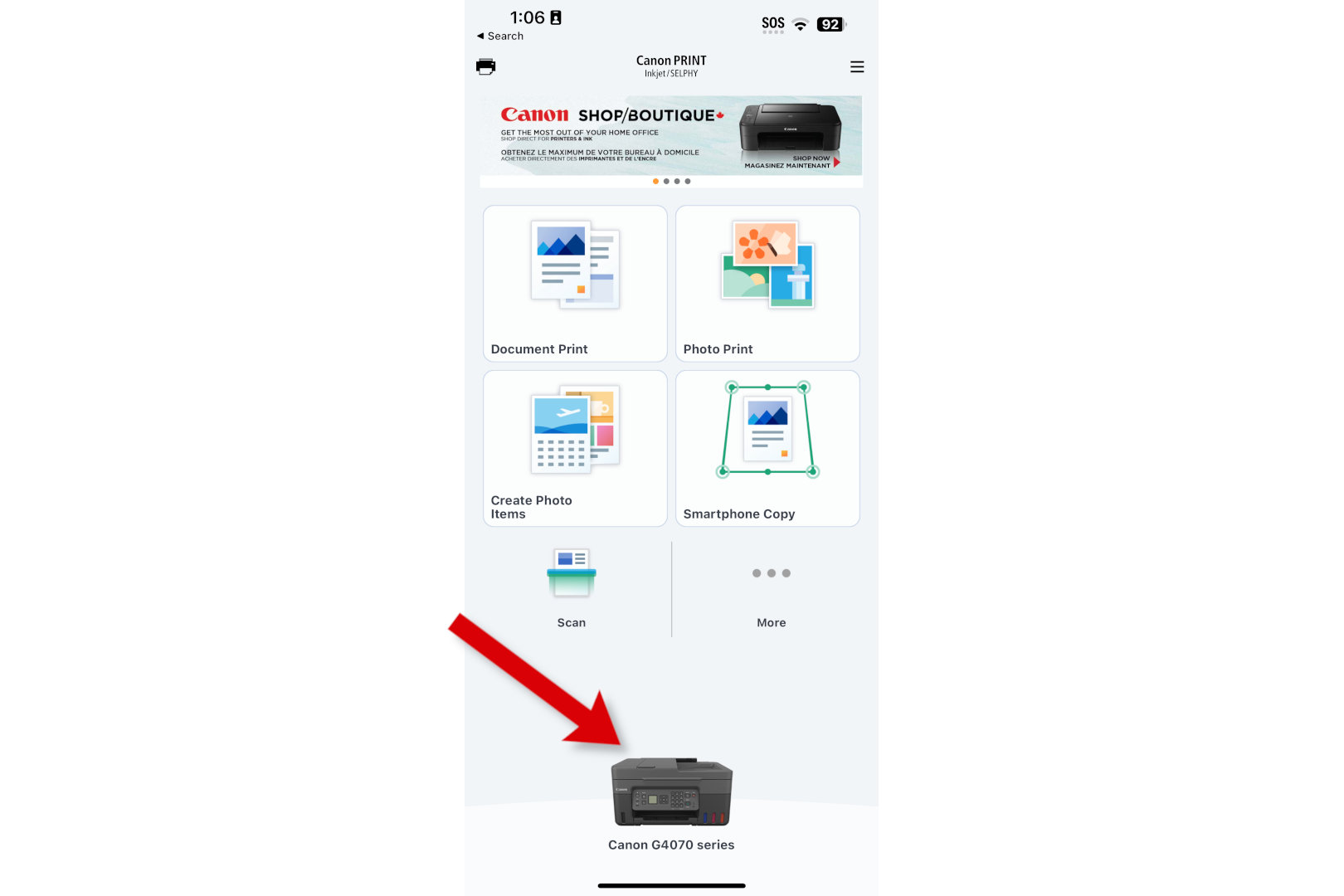 A screenshot of the Canon Print app with an arrow pointing to the printer at the bottom.