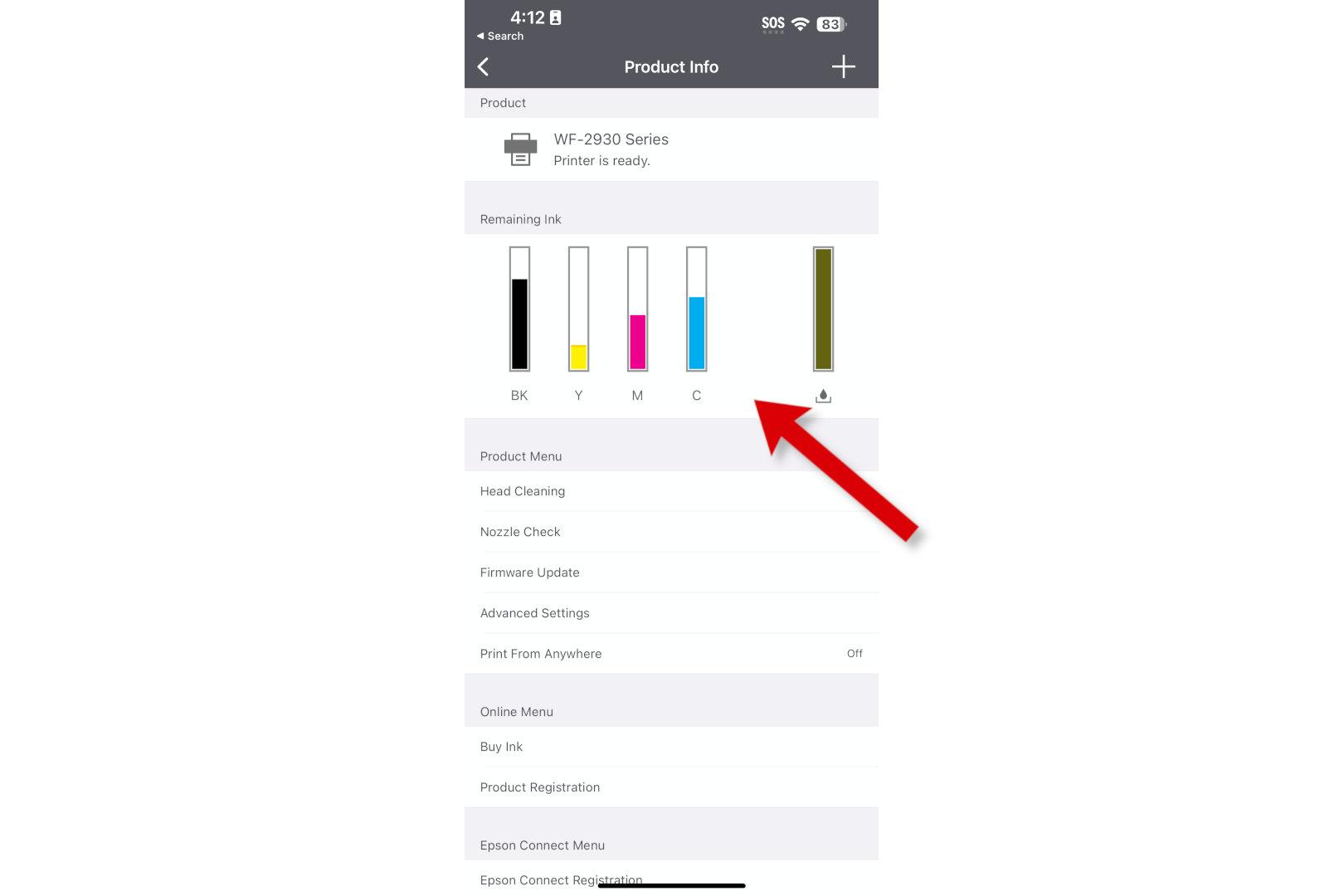 Uma captura de tela do aplicativo Epson Smart Panel com uma seta apontando para uma tela de nível de tinta maior.