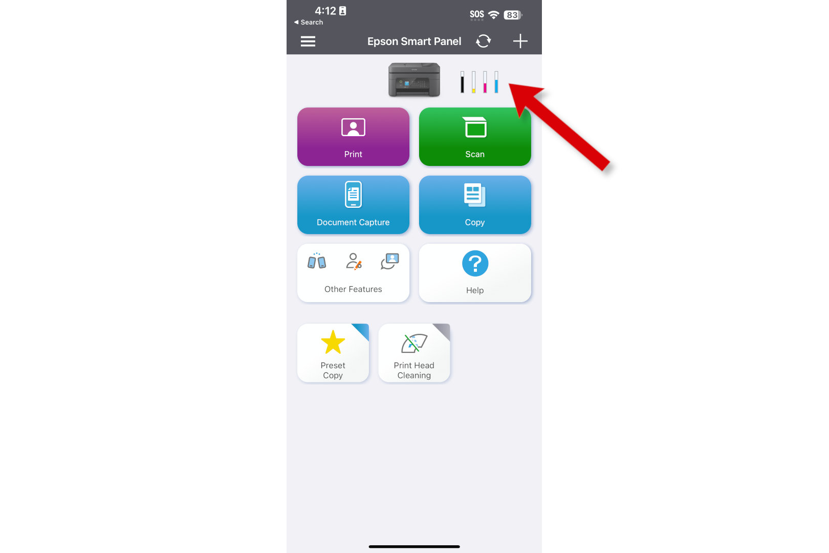 Uma captura de tela do aplicativo Epson Smart Panel com uma seta apontando para os níveis de tinta da impressora.