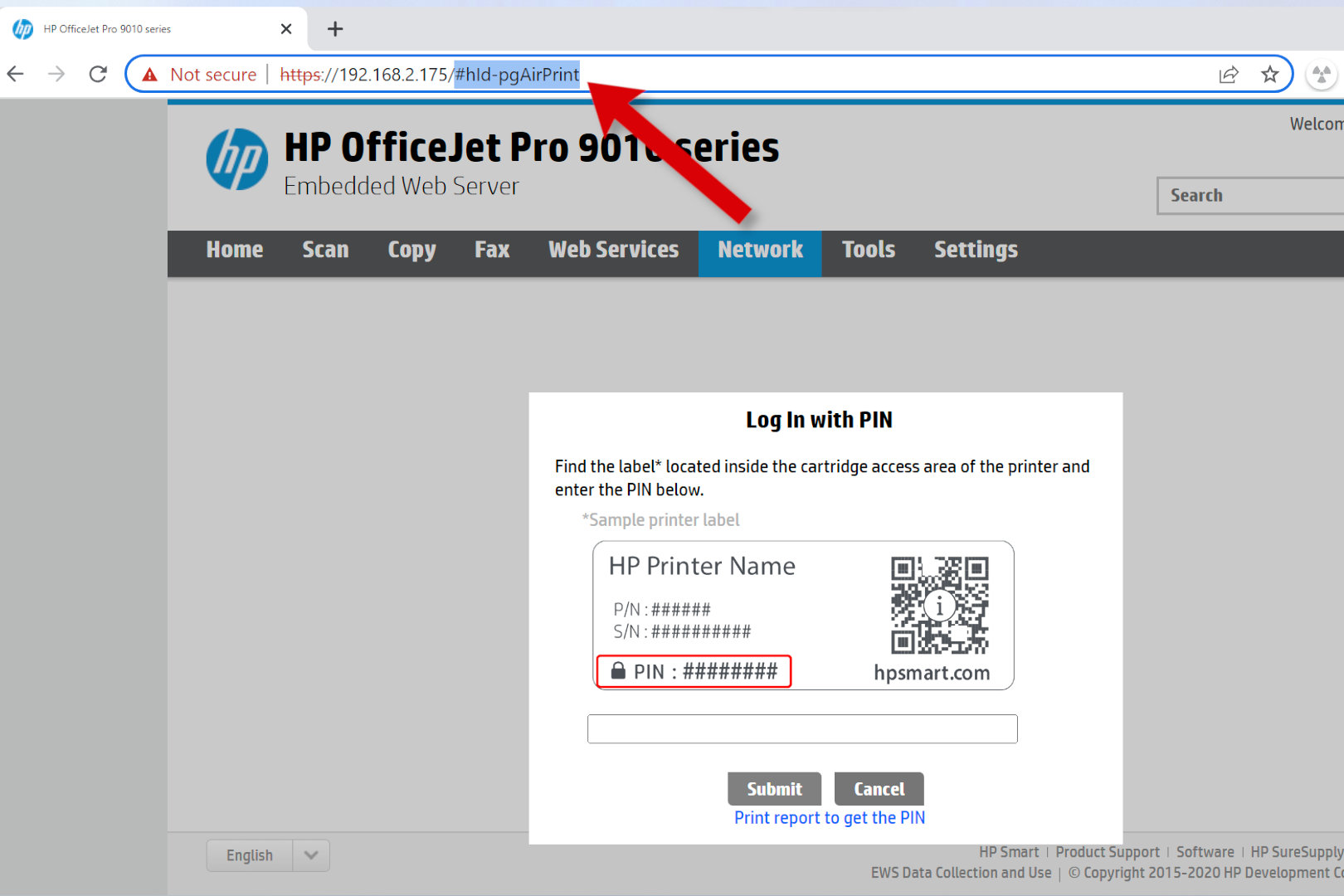 A screenshot showing how to bypass a printer web server's login to see basic info