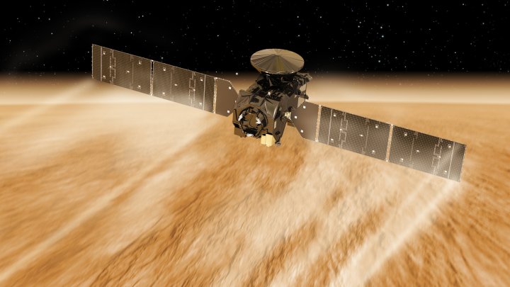 Renderização de uma espaçonave desacelerando na atmosfera de Vênus.