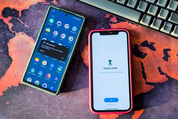 Android App Timer on Google Pixel 6a and iOS App Limit on iPhone 11.