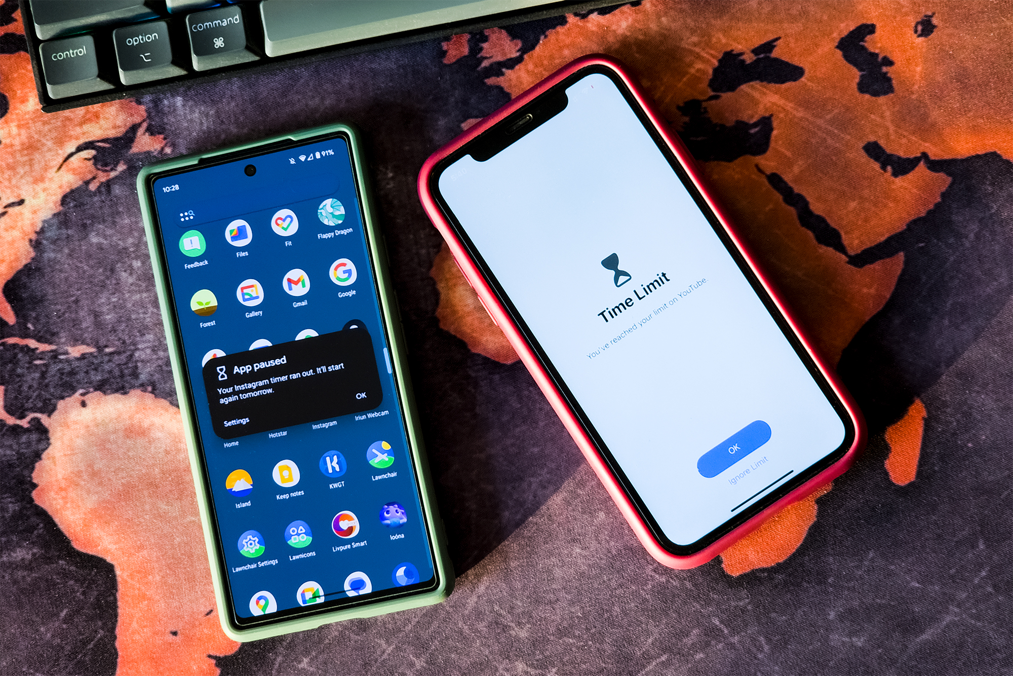 Android App Timer on Google Pixel 6a and iOS App Limit on iPhone 11.
