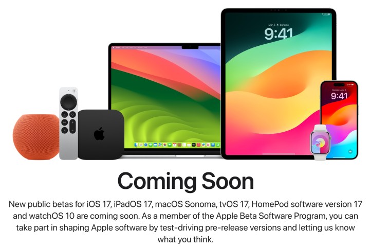 Banner del programa de software beta de Apple que muestra iOS 17 próximamente.