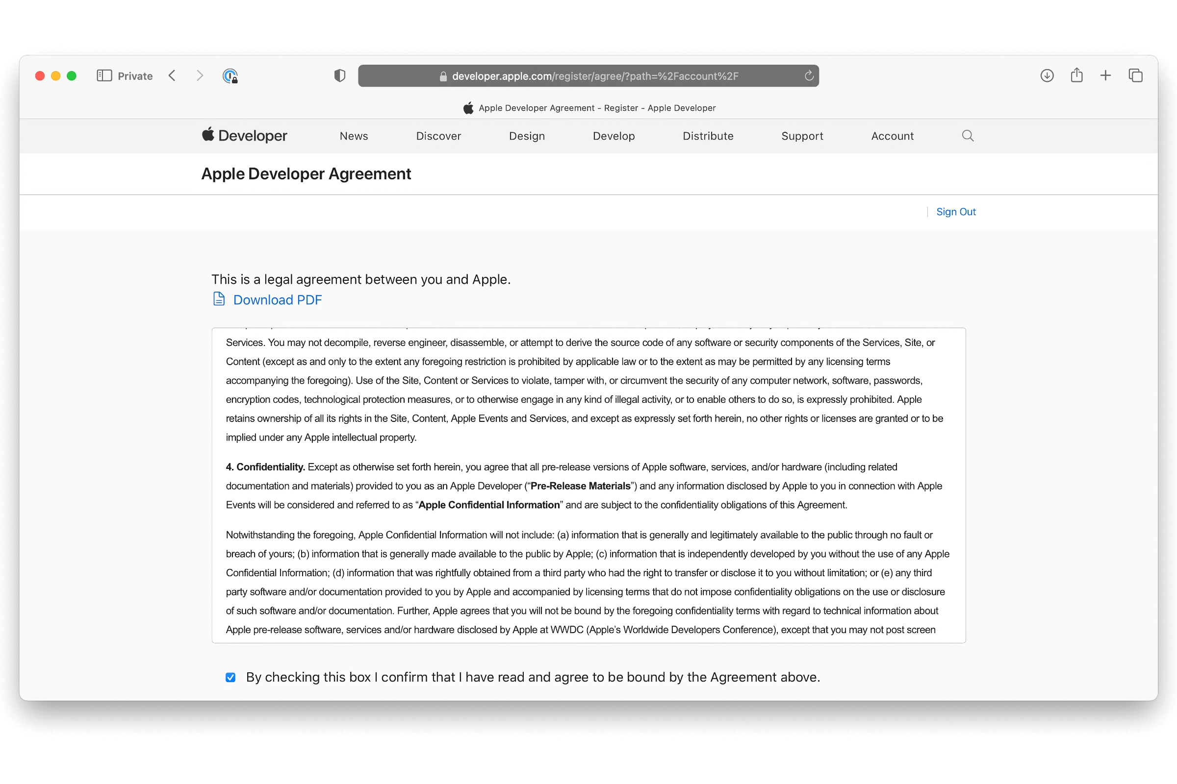 Safari no Mac mostrando o contrato de desenvolvedor da Apple.