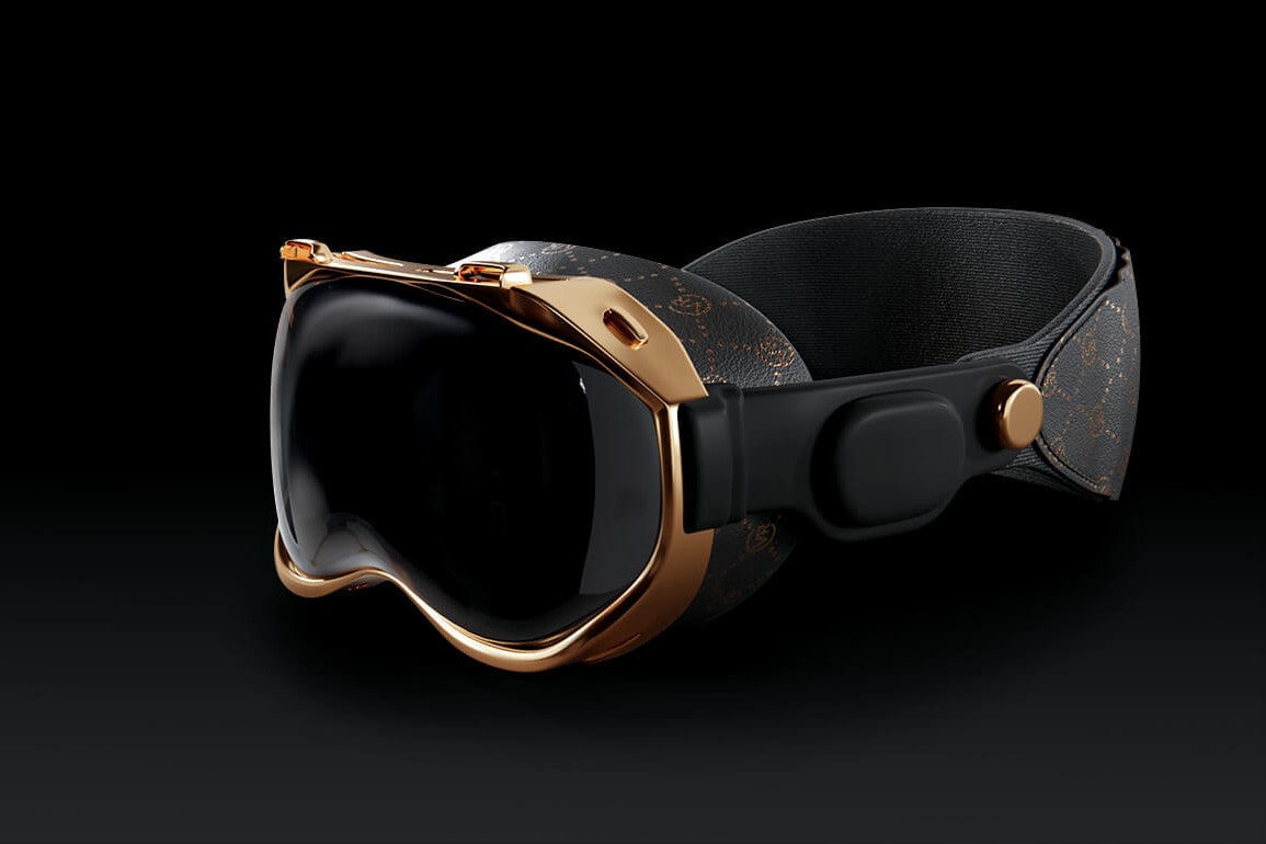 The Caviar 18-karat gold version of Apple's Vision Pro headset with its front plate removed, seen from the side.