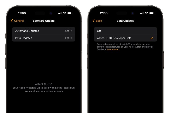 Two iPhones showing steps to enable watchOS 10 developer betas.