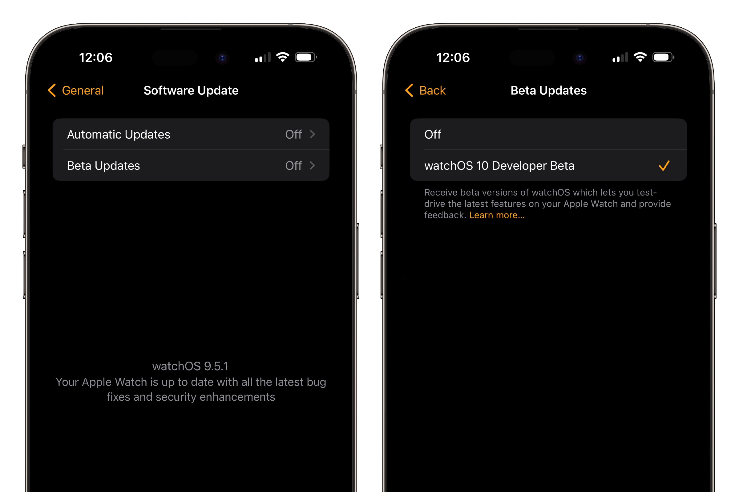Two iPhones showing steps to enable watchOS 10 developer betas.
