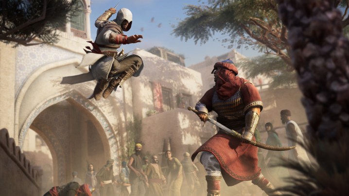 Basim leaps at an enemy in Assassin's Creed Mirage.