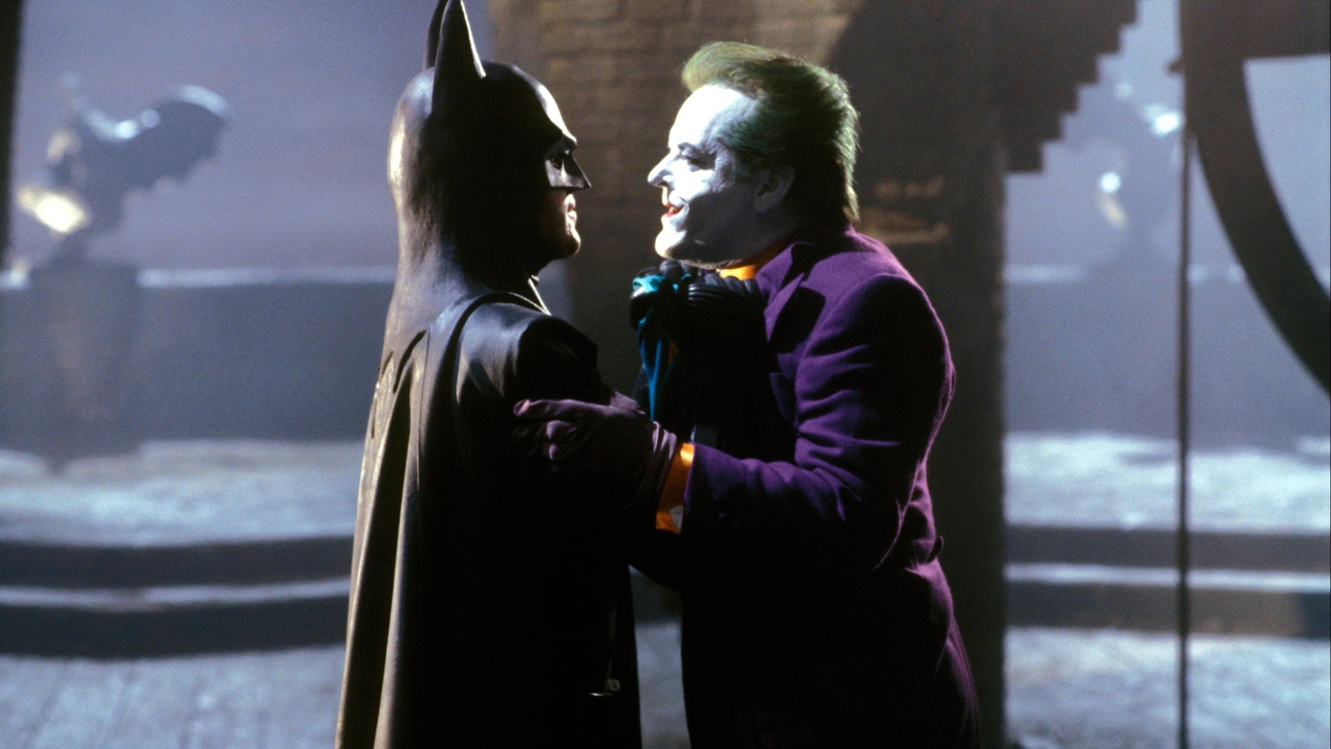 Michael Keaton as Batman and Jack Nicholson as Joker.